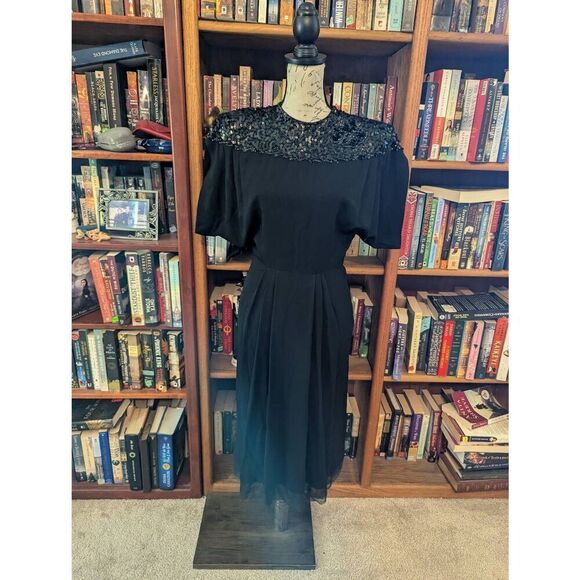 Vintage Handmade 1940s Black Crepe Eveningwear Midi Dress Gown Women's Small - Picture 1 of 8